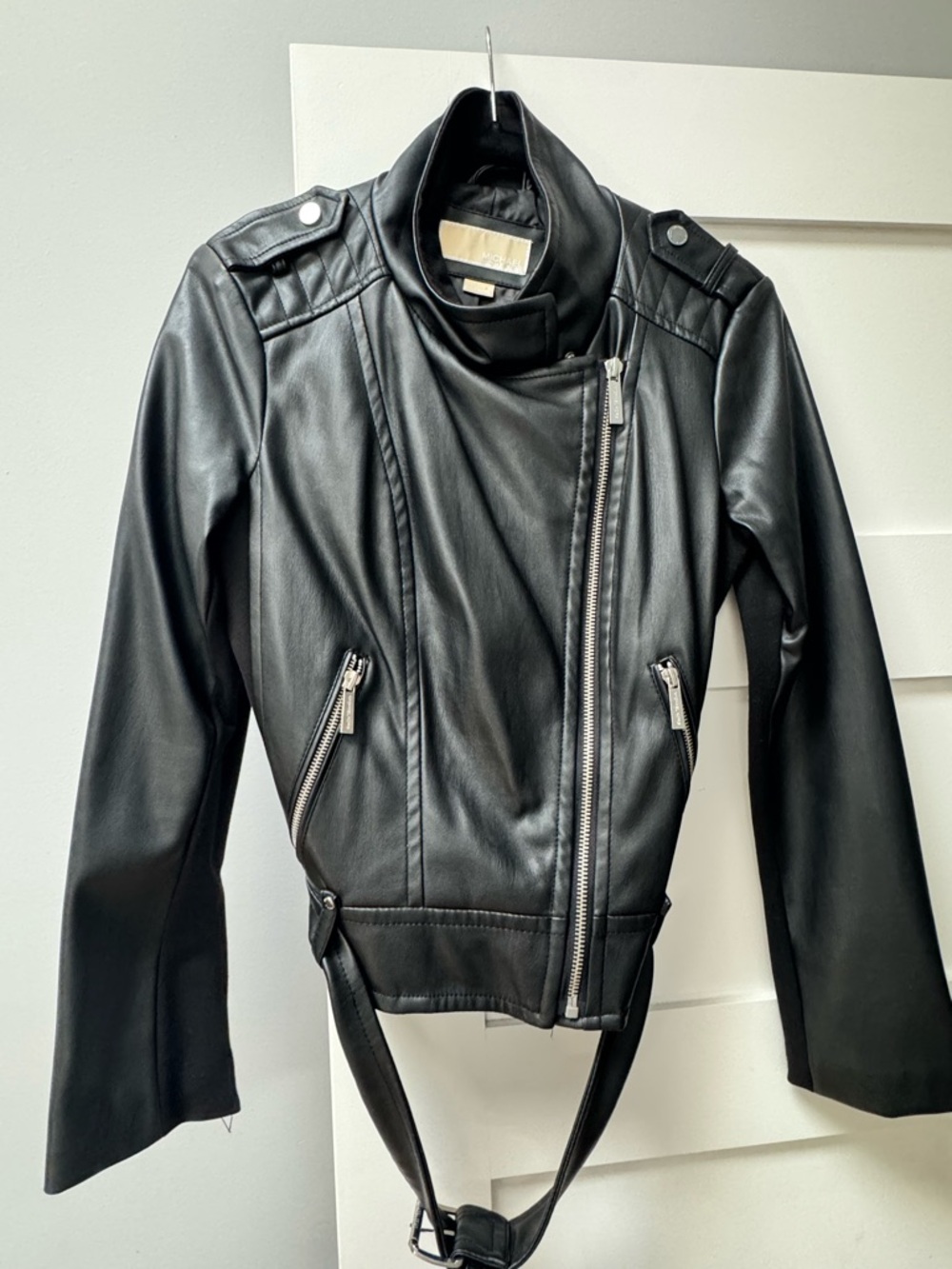 Michael Kors Black Asymmetrical Faux Leather Moto Jacket